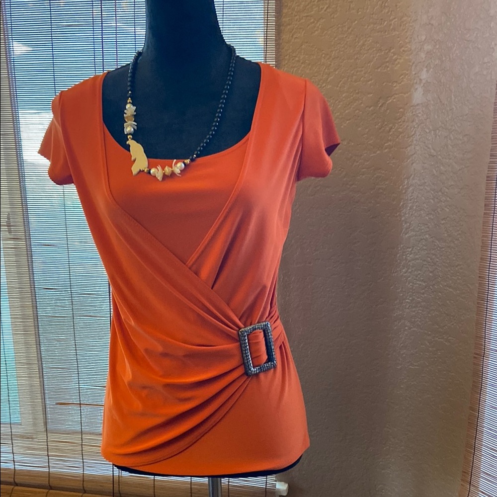Jason Maxwell Orange Wrap Blouse with Cap Sleeves